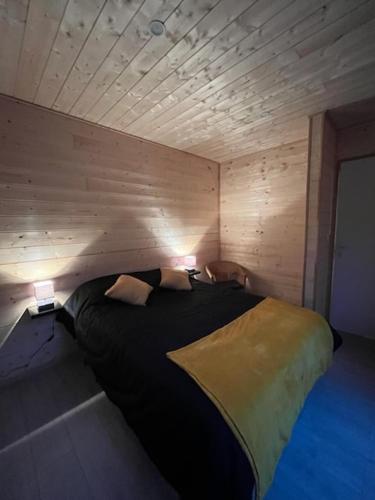 蒙托邦Chalet 1 contemporain dans son écrin de verdure的一间卧室配有一张带两盏灯的床。