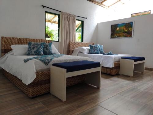 伊瓦格Casa Flórez Hotel Campestre的一间卧室设有两张床、一张沙发和窗户。