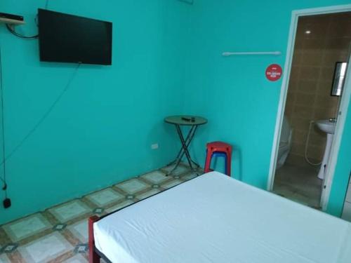 宿务Cebu Leisure Lodge的蓝色的房间,设有一张床和墙上的电视