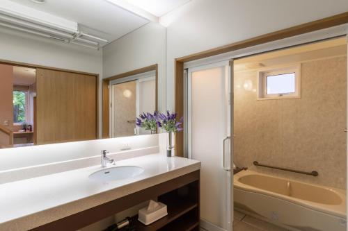 富良野Parkside Chalet Furano的浴室配有盥洗盆、卫生间和浴缸。