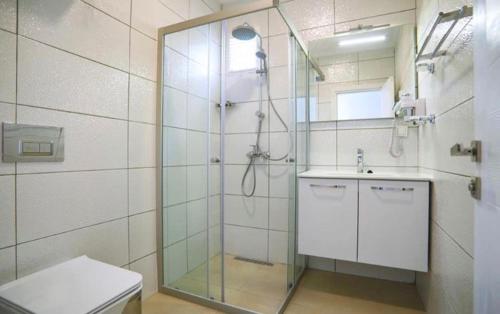 博德鲁姆Queen Victoria Suit Apart OTEL的带淋浴、卫生间和盥洗盆的浴室