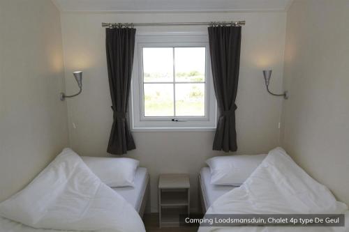 登霍伦Camping Loodsmansduin的客房设有两张床和窗户。