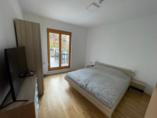 霍茨科波霍尔耶Luxury 3-room large Apartment Maribor Pohorje的一间卧室设有一张床和一个窗口