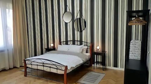 蒂米什瓦拉Belle Vue Ultracentral Apartments的一间卧室配有一张带黑白条纹墙的床
