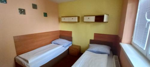 布尔诺快速阿塔克旅馆的小房间设有两张床和窗户
