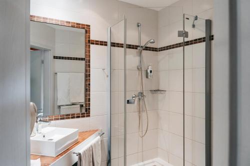 海德堡贝肯霍夫酒店 的带淋浴、盥洗盆和镜子的浴室