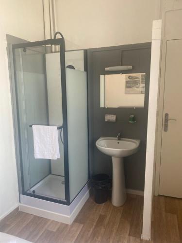 鲁贝HOTEL DU CENTRE的一间带玻璃淋浴间和水槽的浴室