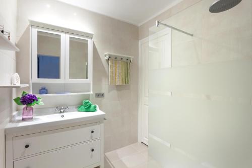 布拉内斯Vivalidays Rosa - Blanes的白色的浴室设有水槽和淋浴。