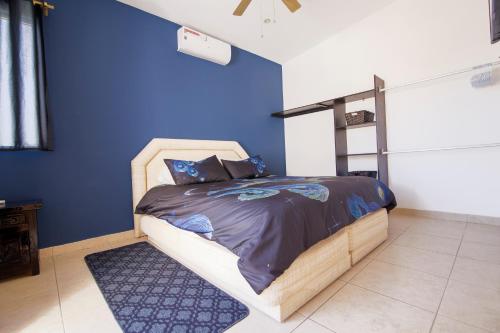 卡波圣卢卡斯Casa Robyn的一间卧室配有一张蓝色墙壁的床