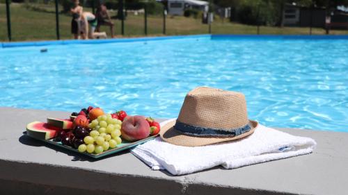 索嫩比赫尔AZUR Camping Schwäbische Alb的游泳池旁一盘水果,带帽子