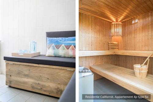德科赫加利福尼亚莱西登酒店的一间带长凳和毛巾的桑拿浴室