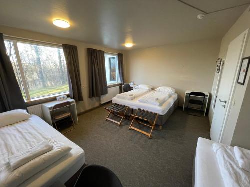 塞尔福斯比特拉住宿加早餐旅馆的一间医院间,设有两张床和窗户