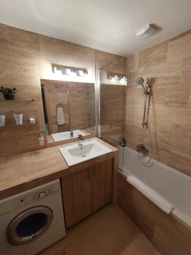 巴拉顿菲赖德Villapark Pleasure Apartment的一间带水槽和洗衣机的浴室