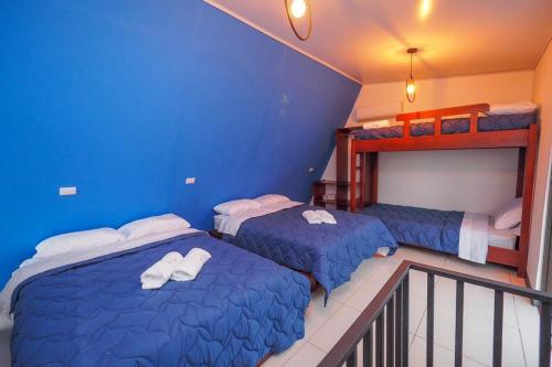 San MateoHotel Sirius Costa Rica的蓝色墙壁客房的两张床