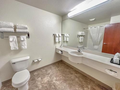 Estherville埃斯特维尔套房酒店的一间带卫生间、水槽和镜子的浴室