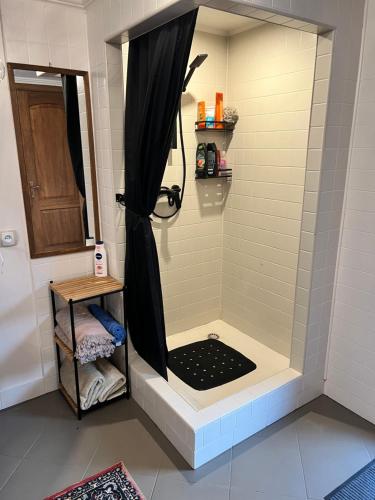 萨拉茨格里瓦Randu klēts的浴室内配有黑色淋浴帘和淋浴