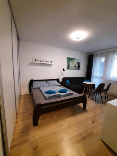 布拉迪斯拉发Apartment Klimka with balcony, free wifi and free parking的一间卧室设有一张床和一间客厅。