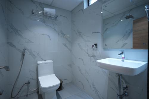 维杰亚瓦达Eden Park Boutique Hotel的白色的浴室设有卫生间和水槽。