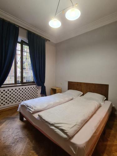 第比利斯Benevo Hostel的一间卧室配有一张带蓝色窗帘的大床