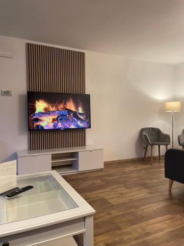 巴特罗森菲尔德Ferienwohnung auf dem Sonnenhang的客厅设有壁挂式平面电视。