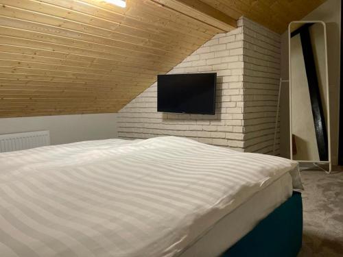 布什泰尼Tiny Dream House的卧室配有1张床和1台砖墙电视