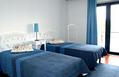 阿利若HI Alijo - Pousada de Juventude的带窗户的客房内的2张蓝色的床
