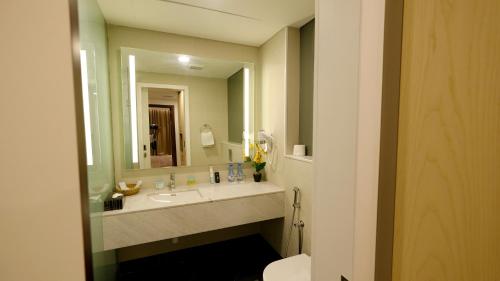 尼兹瓦法拉达里斯酒店的一间带水槽和大镜子的浴室