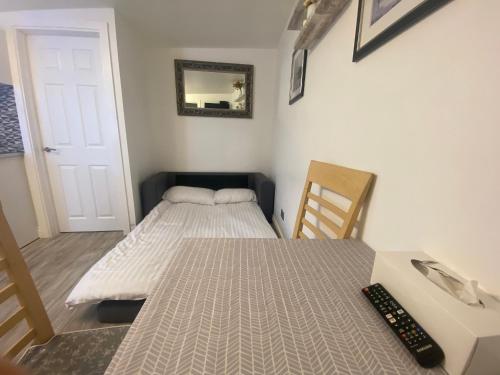 都柏林Lodge Apartment的一间卧室配有一张床和一张带遥控器的书桌