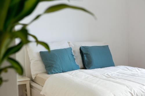 格拉茨Charming City Apartment的一张带两个蓝色枕头的白色床
