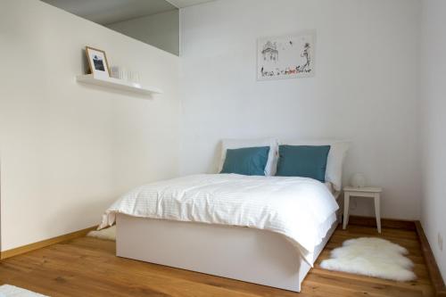 格拉茨Charming City Apartment的白色卧室配有白色床和蓝色枕头