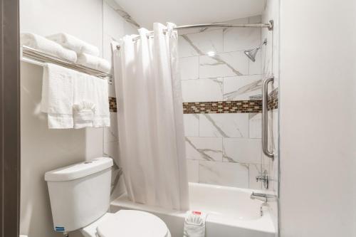 休斯顿Summit Inn - Houston Medical Center - NRG Park的白色的浴室设有卫生间和淋浴。