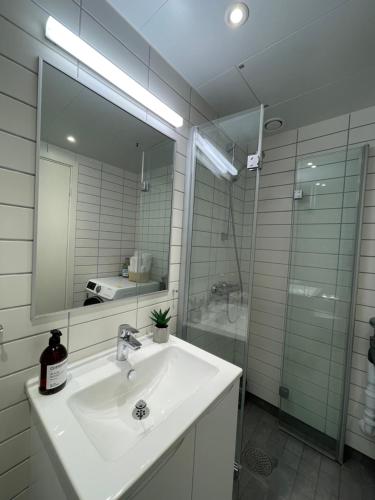 利勒斯特罗姆Newer apartment, with all you needs! 25 minutes to Oslo City or OSL Airport!的一间带水槽、镜子和淋浴的浴室