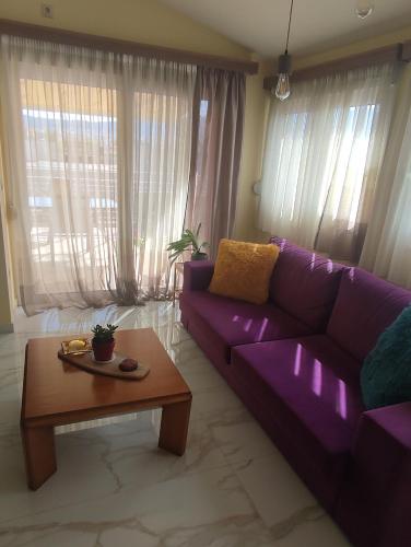 雅典Feel Like Home的客厅配有一张紫色沙发,配有一张桌子