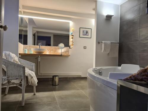 塞纳河畔诺让Le Relais de l'endormie的带浴缸、水槽和镜子的浴室