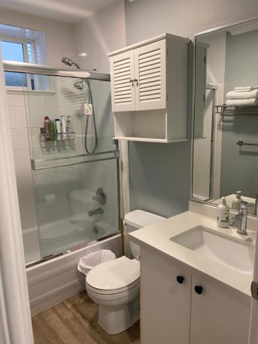 萨里jane's cozy suite的带淋浴、卫生间和盥洗盆的浴室