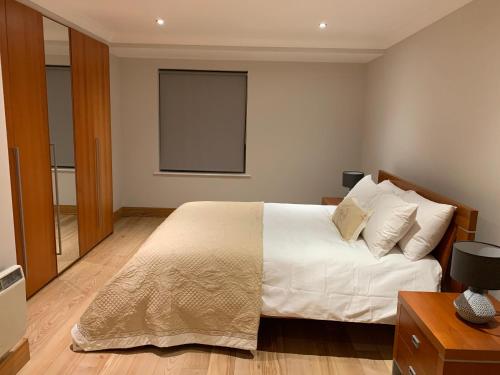 基拉尼Killarney Town Apartment的卧室配有白色的床和窗户。
