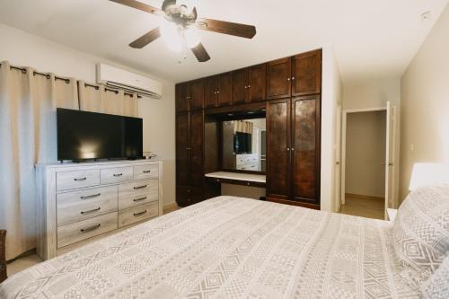棕榈滩布巴里公寓的一间卧室配有一张床和一台平面电视