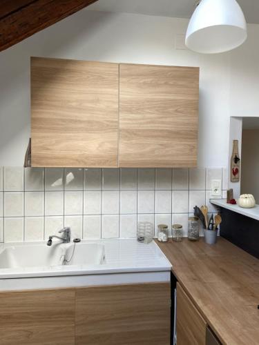 孔特雷克塞维尔COSY APPART NUMERO 2的厨房配有白色水槽和木制橱柜