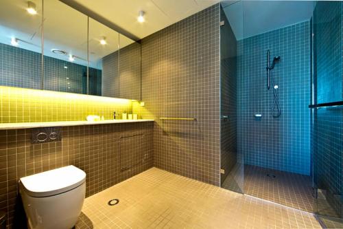 堪培拉堪培拉欧若拉公寓的浴室设有卫生间和蓝色瓷砖淋浴。