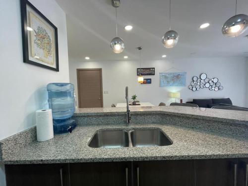 圣佩德罗苏拉Condominio de lujo的厨房柜台配有水槽和一瓶水