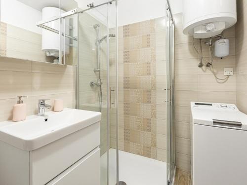新戈里察Apartma Vrtnica 5th floor的一间带水槽和淋浴的浴室