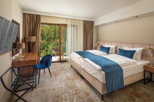索普隆Fagus Hotel Conference & Spa Superior的配有一张床和一张书桌的酒店客房