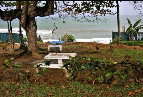 克里比OCEAN-SI MAnsion的海滩上的野餐桌,背靠大海