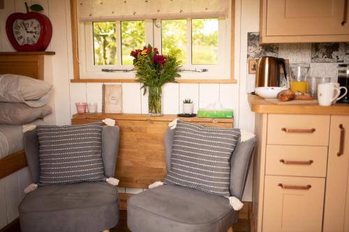 Pen y ClawddHarrys Hideout - Shepherd's Huts at Harrys Cottages的带两把椅子的厨房和两扇窗户