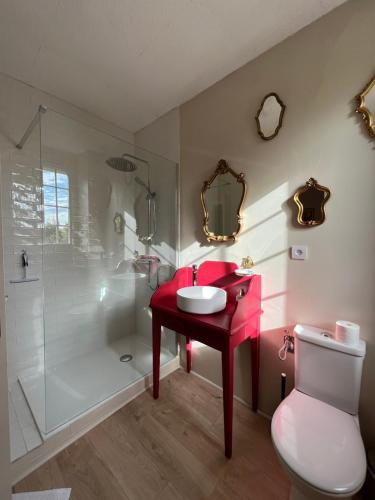 杜河畔凡尔登L'ESCALE Chambres et table d'hôtes的一间带红色水槽和淋浴的浴室