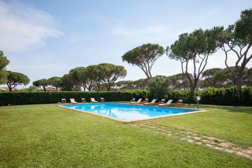 格罗塞托Razza del Casalone的庭院内带躺椅和躺椅的游泳池