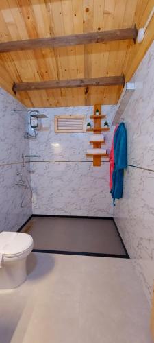 马尔万Parisa beach resort Tarkarli Bhogwe的一间带卫生间和木制天花板的浴室