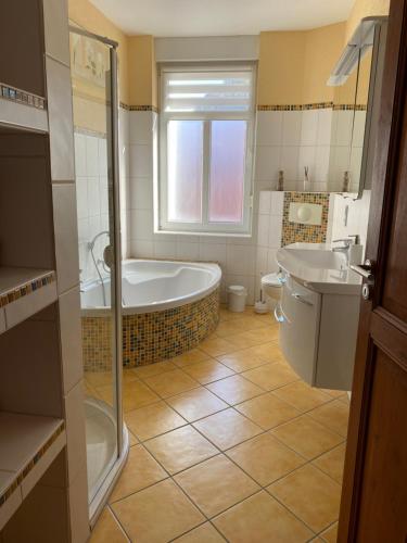 塔勒Ferienwohnung am Bodetal mit Wallbox für E-Auto的带浴缸、卫生间和盥洗盆的浴室