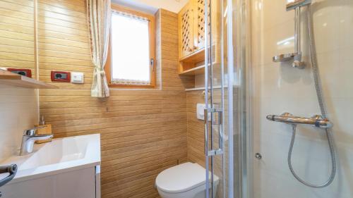 科尔尼鲁格Chalet House Olga的带淋浴、卫生间和盥洗盆的浴室