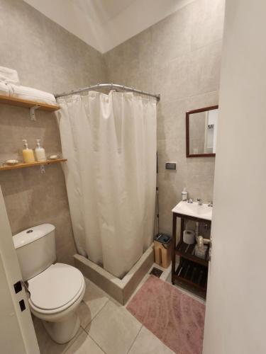 布宜诺斯艾利斯Apartamento centrico的浴室配有卫生间、淋浴和盥洗盆。